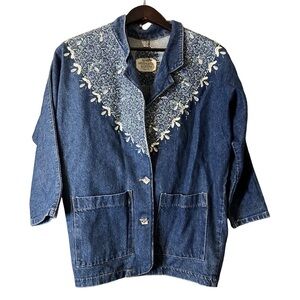 Vintage Montana Duster Blue Jean Denim Jacket Lace Trim Boxy Fit Paisley Sz M
